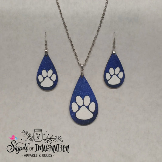 Earrings and/or Necklace (not both) - Teardrop/Sparkle Blue with White Paw Print/Printed hardboard//Stainless Hardware