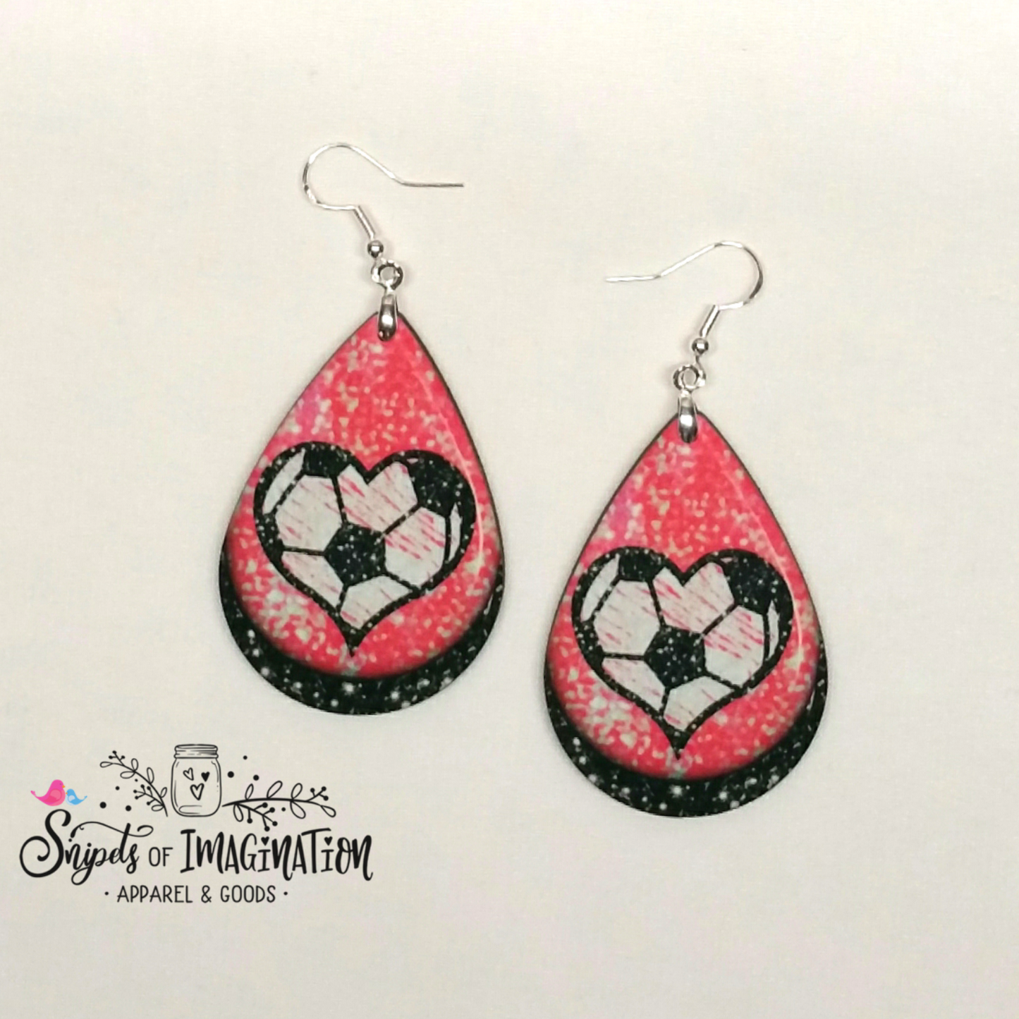 Earrings - Heart Soccer Ball on Pink and Black Glitter