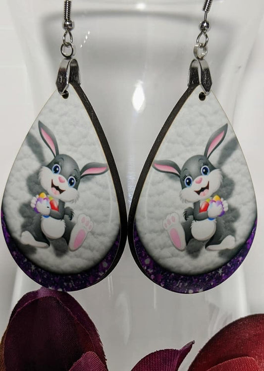 Earrings - Grey Bunny with Eggs on White and Purple Glitter