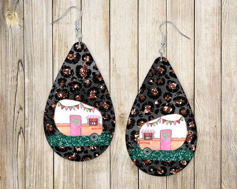 Earrings - Camper on Leopard and Black Background