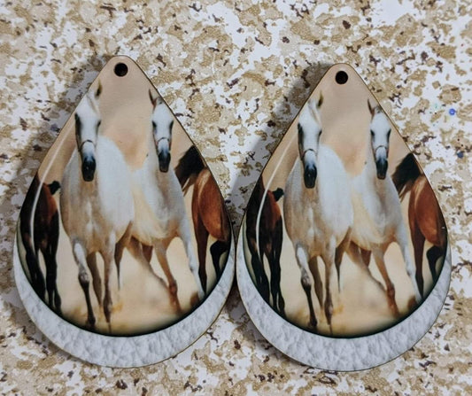 Earrings - Horses Running on Faux Leather Background