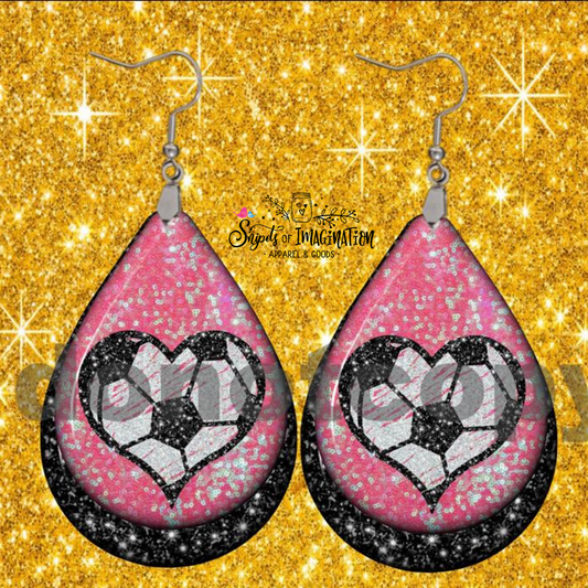 Earrings - Heart Soccer Ball on Pink and Black Glitter